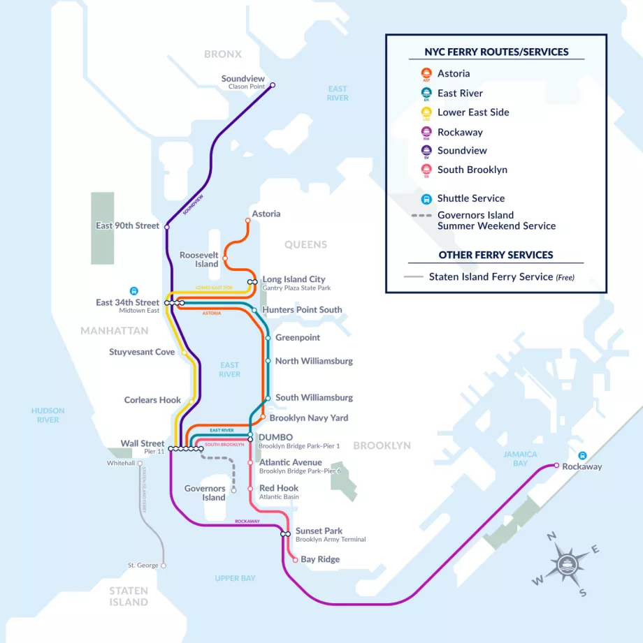 Mapa połączeń łodzią na Manhattanie