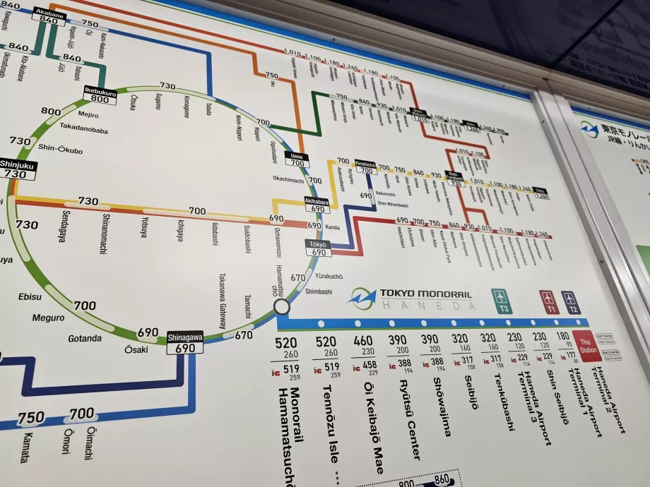 Mapa taryf kolei jednoszynowej + pociągów JR