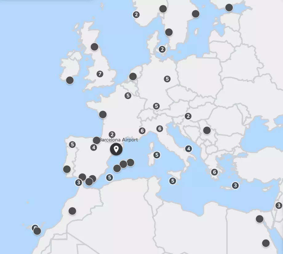 Miejsca docelowe i mapa trasy Vueling