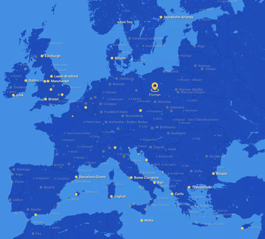 Mapa połączeń Ryanair z lotniska Poznań POZ